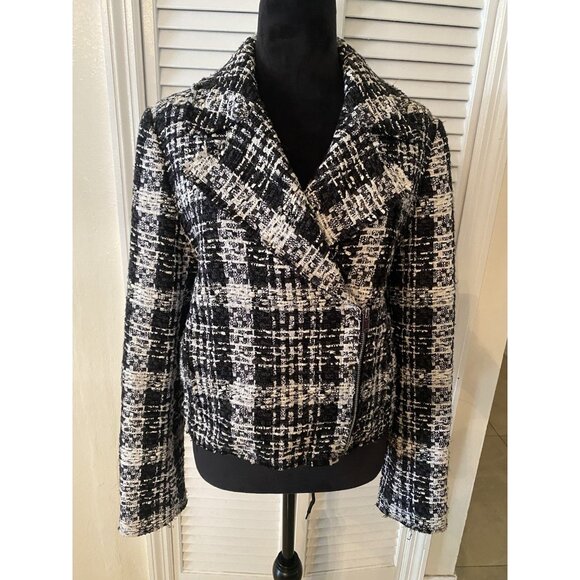 Theory Womens Long Sleeve Black White Check Pattern Jacket Zipper Sz 8 Career - Picture 1 of 9